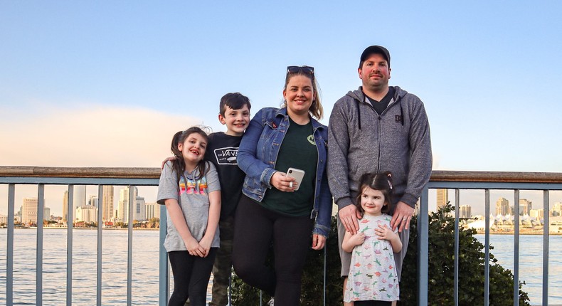 Jessica Nelson, pictured above with her family, has  set boundaries around screen  time by having her kids help out with chores around the house.