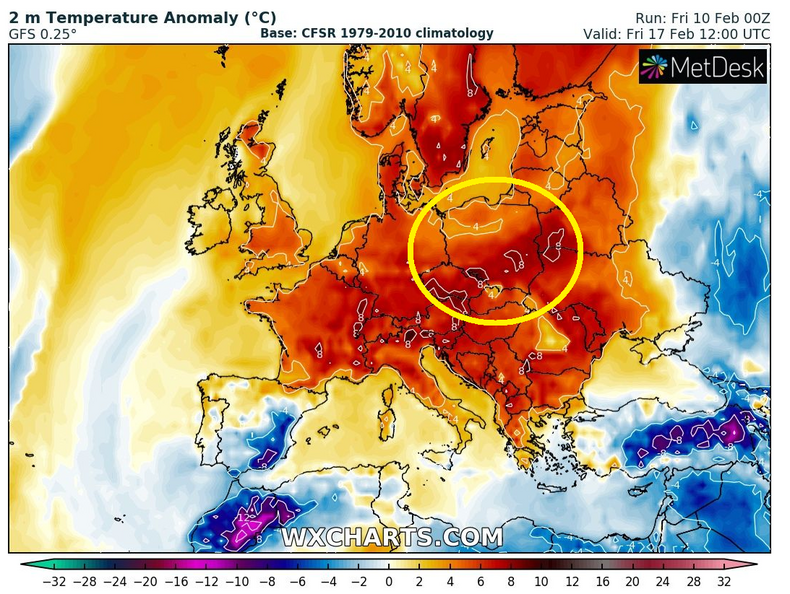 Prognozowane odchylenie temperatury od normy w przyszły piątek, 17 lutego