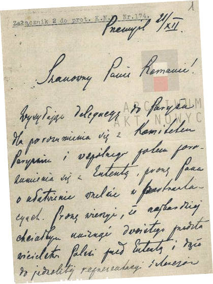 Fragment listu Józefa Piłsudskiego do Romana Dmowskiego, w którym prosi go o reprezen- towanie Polski na konferencji wersalskiej