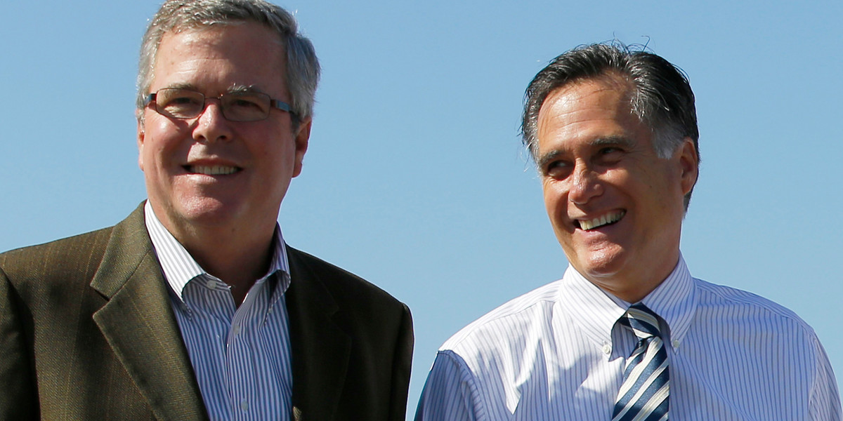 Republican presidential nominee Mitt Romney and former Florida Governor Jeb Bush (L) pose for a photograph together after a 2012 Romney for President campaign rally in Tampa, Florida October 31, 2012. 