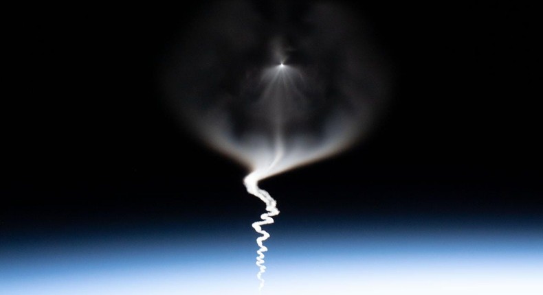 A Russian Soyuz spacecraft ascends after its launch, as seen from the International Space Station.NASA/Christina Koch