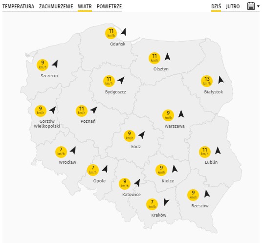 Prognozowana prędkość wiatru w piątek 14 października 