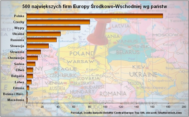 Liczba firm uwzględnionych w rankingu Deloitte i Rzeczpospolitej według państw