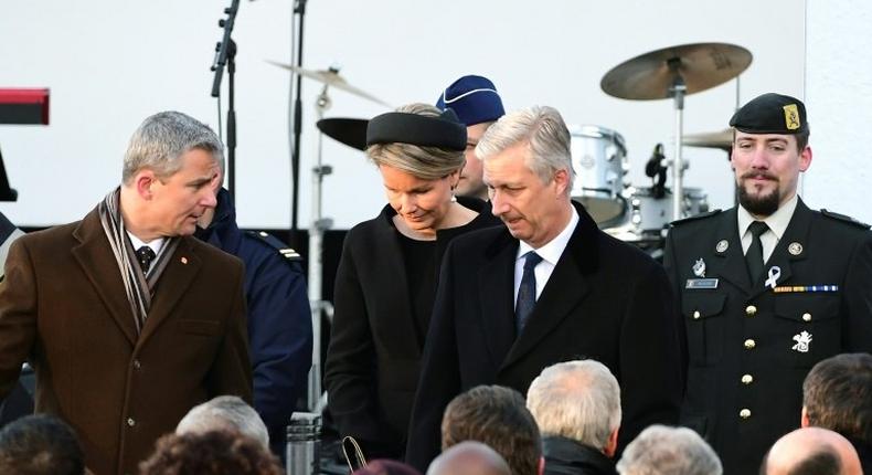 King Philippe and Queen Mathilde arrive at Brussels' international airport for ceremony to mark the first anniversary of the twin Brussels attacks by Islamic extremists