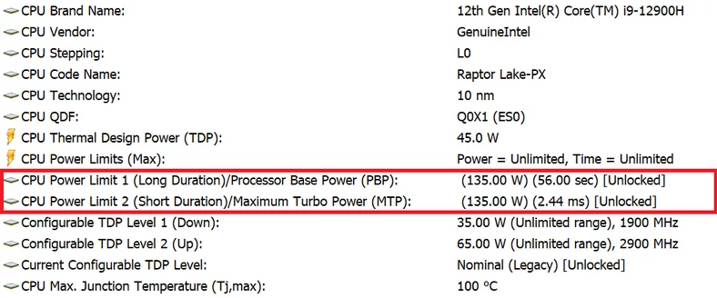 Asus ROG Strix SCAR 15 (G533ZW) – konfiguracja limitów mocy Intel Core i9-12900H w trybie Turbo