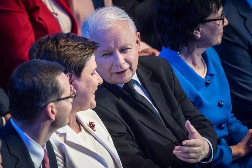 Mateusz Morawiecki, Beata Szydło, Jarosław Kaczyński i Elżbieta Witek, 2019 r.