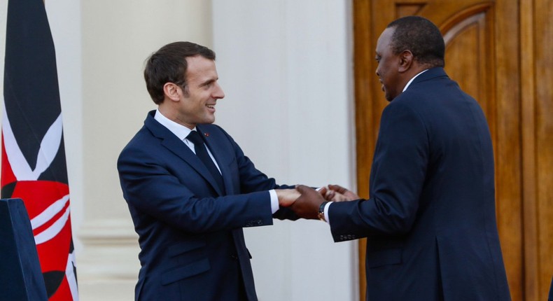 French President Emmanuel Macron and President Uhuru Kenyatta at State House (PSCU)