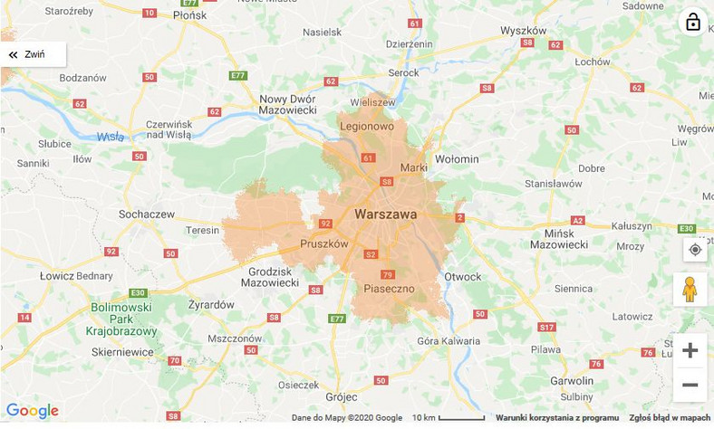Mapa zasięgu 5G w Orange - Warszawa