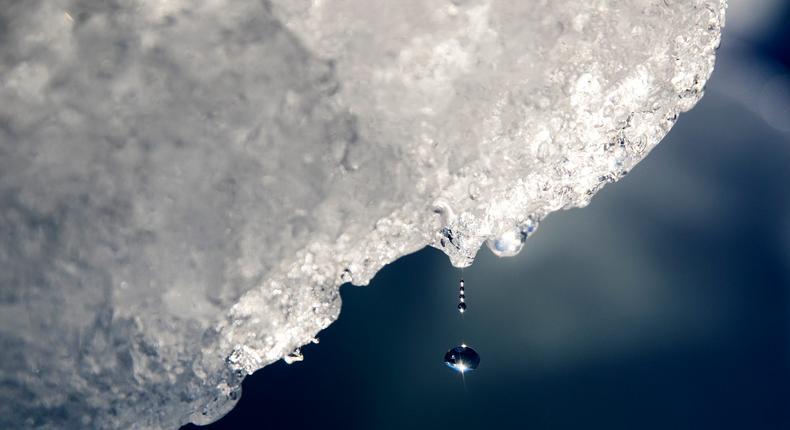 A drop of water falls off an iceberg melting in the Nuup Kangerlua Fjord in southwestern Greenland, August 1, 2017.