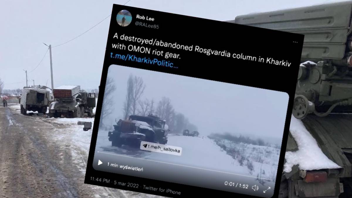 Zniszczona kolumna rosyjskich pojazdów wojskowych