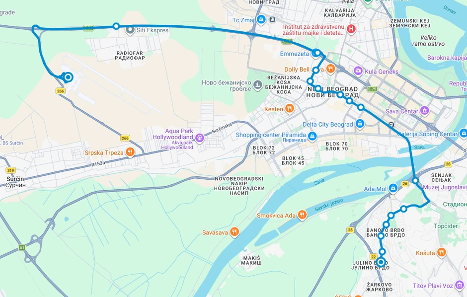 Trasa linije 607 u smeru ka aerodromu Nikola Tesla