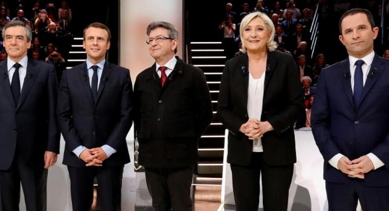 The five main French presidential candidates' (left to right) right-winger Francois Fillon, centrist Emmanuel Macron, hard-left Jean-Luc Melenchon, far-right Marine Le Pen and left-wing Socialist Benoit Hamon