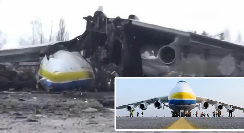 A composite image showing wreckage of the Antonov AN-225 broadcast on Russian state TV, alongside a May 2016 file photo of the same plane.