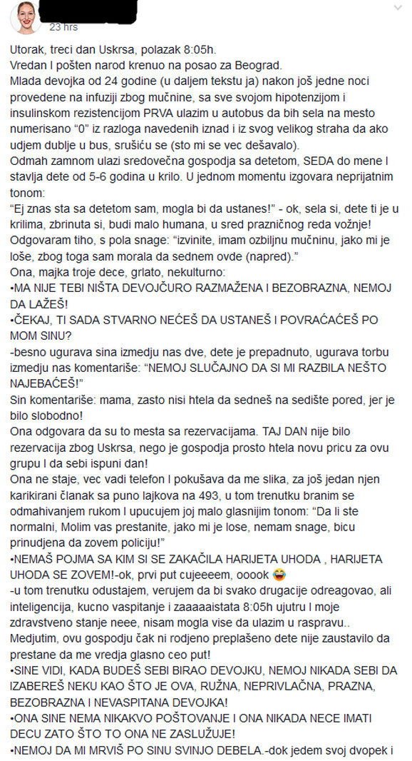 Druga strana priče koju je objavila putnica autobusa 493 koja nije ustupila mesto