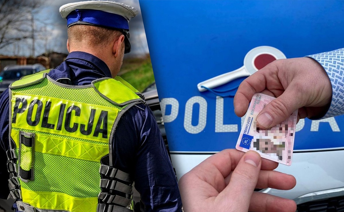 Policjant sprawdzający prawo jazdy podczas ogólnopolskiej akcji kontroli pasów i fotelików