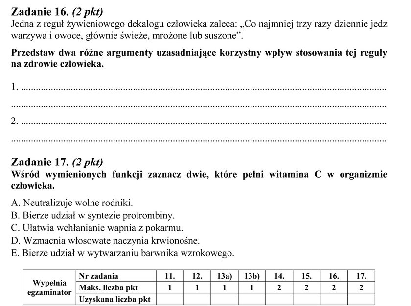 Arkusz egzaminacyjny 2013, zadanie 16 i 17