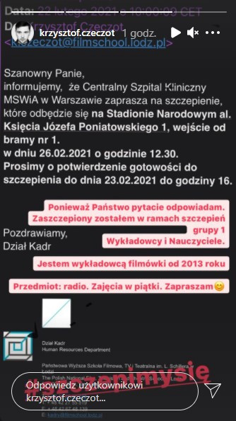 Krzysztof Czeczot wyjaśnił, dlaczego mógł zaszczepić się tak szybko