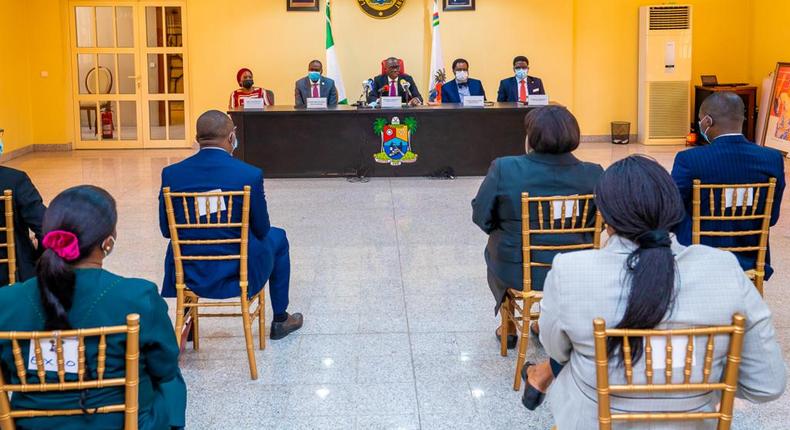 Governor Babajide Sanwo-Olu  inaugurates an 8-man Judicial Panel of Inquiry and Restitution which will receive and investigate complaints of police brutality in Lagos. [Twitter/@jidesanwoolu]