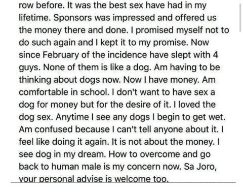 “I had 3 head-cracking orgasms during sex with a dog, now I get wet whenever I see dogs” - Student seeks advice