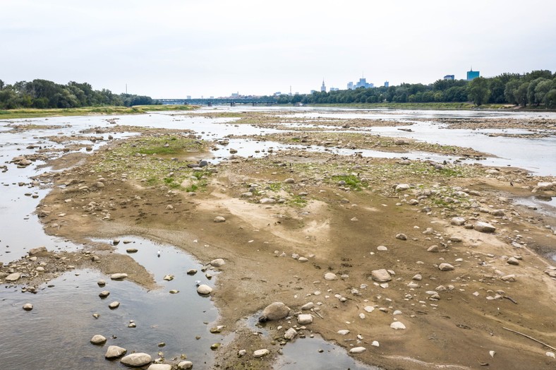 Susze hydrologiczne w Polsce staną się coraz częstsze (na zdjęciu Wisła w Warszawie w dniu 26.07.2022)