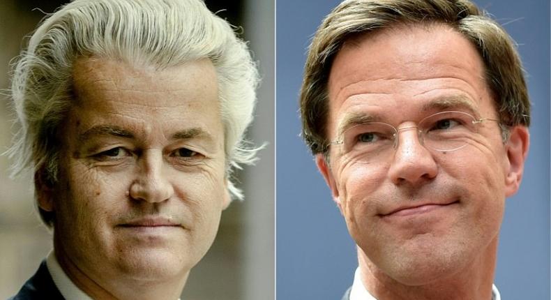 Geert Wilders (L), leader of the Freedom Party (PVV), clashed in a head-to-head debate with Prime Minister Mark Rutte on the eve of a highly watched election