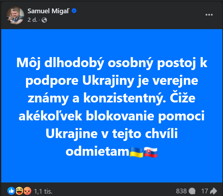 Samuel Migaľ odmieta blokovanie pomoci Ukrajine. 