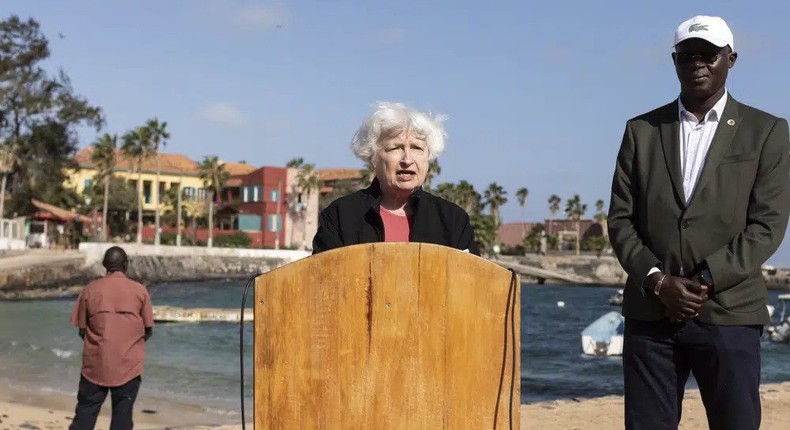 U.S. Treasury Secretary Janet Yellen delivers a speech on Gorée Island, Senegal, during her visit to rebuild U.S.-African economic relations. (AP Photo/Stefan Kleinowitz)