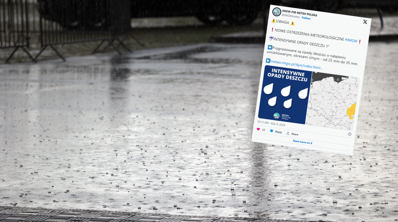 IMGW ostrzega przed ulewnym deszczem (screen: twitter/IMGW)