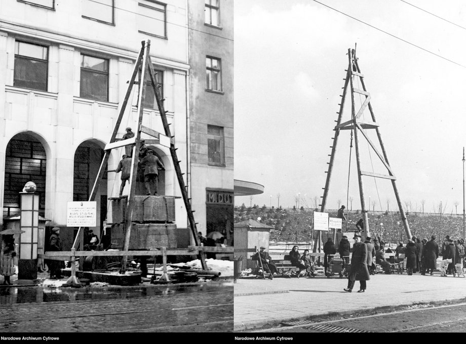 Próbne wiercenia gruntu pod budowę metra w 1939 r.  na rogu ul. Marszałkowskiej i Świętokrzyskiej. Od lewej: róg Marszałkowskiej i Świętokrzyskiej oraz Plac Wilsona