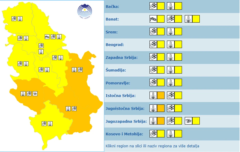 Meteoalarm u ponedeljak