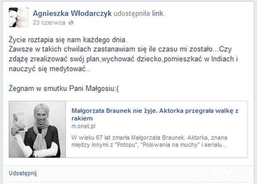 Wpis Agnieszki Włodarczyk o śmierci Małgorzaty Braunek