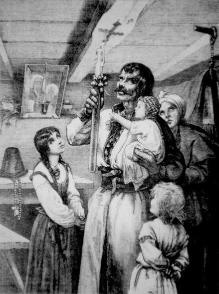 Matka Boska Gromniczna, rysunek Michała Andriollego przedstawiający wypalanie gromnicą znaku krzyża na tragarzu (belce stropowej) chaty w dniu Matki Boskiej Gromnicznej, domena publiczna