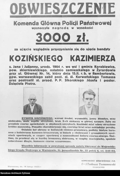 Obwieszczenie Policji Państwowej o wyznaczeniu nagrody w wysokości 1000 złotych za pomoc w ujęciu przestępcy Kazimierza Rogaczewskiego 1933 r.