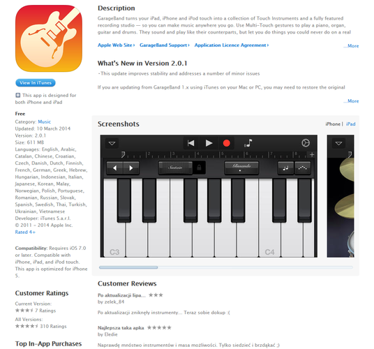 <b>Garageband</b>
<br><br>
Świetna aplikacja, która przyda się zarówno zawodowym muzykom, jak i osobom, które komponowanie i aranżowanie utworów traktują w kategoriach hobbystycznych. Garageband daje nam dostęp do kilkudziesięciu instrumentów muzycznych oraz gotowych sampli i loop'ów. To prawdzie przenośne studio nagrań.
