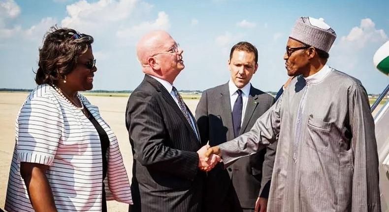 President Muhammadu Buhari being welcomed by the US entourage at the John Base Andrews Airport, Washington on Monday, July 20 ahead of his meeting President Barack Obama.