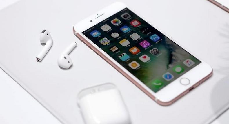 The Apple iPhone7 and AirPods are displayed during an Apple media event in San Francisco