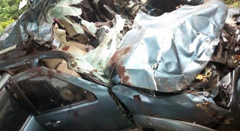 The mangled wreck of the vehicle which Murang'a Water CEC Paul Macharia was driving