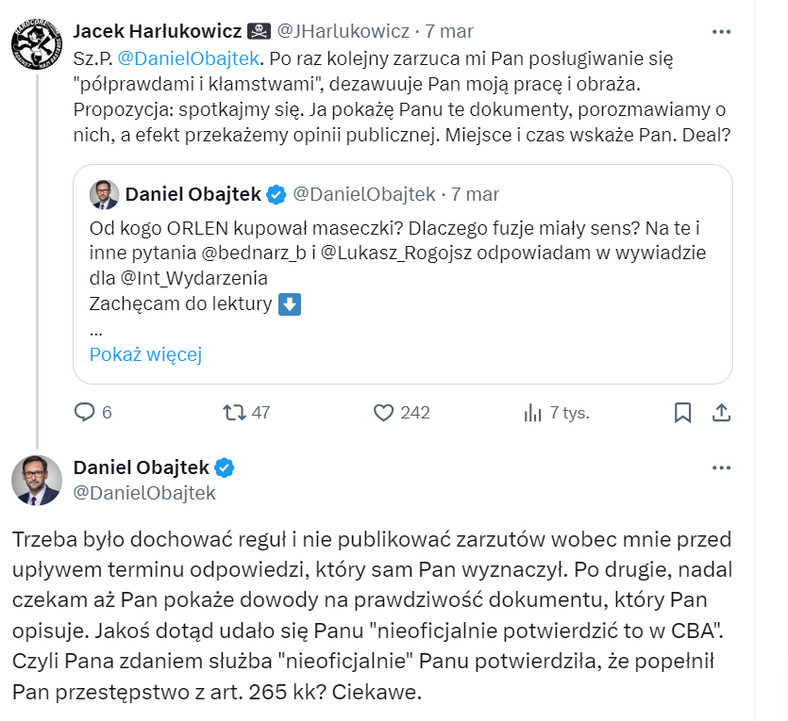 Odpowiedź Daniela Obajtka na propozycję rozmowy o materiałach zgromadzonych w ramach operacji "Vampiryna" udzielona za pośrednictwem portalu X (dawniej Twitter)