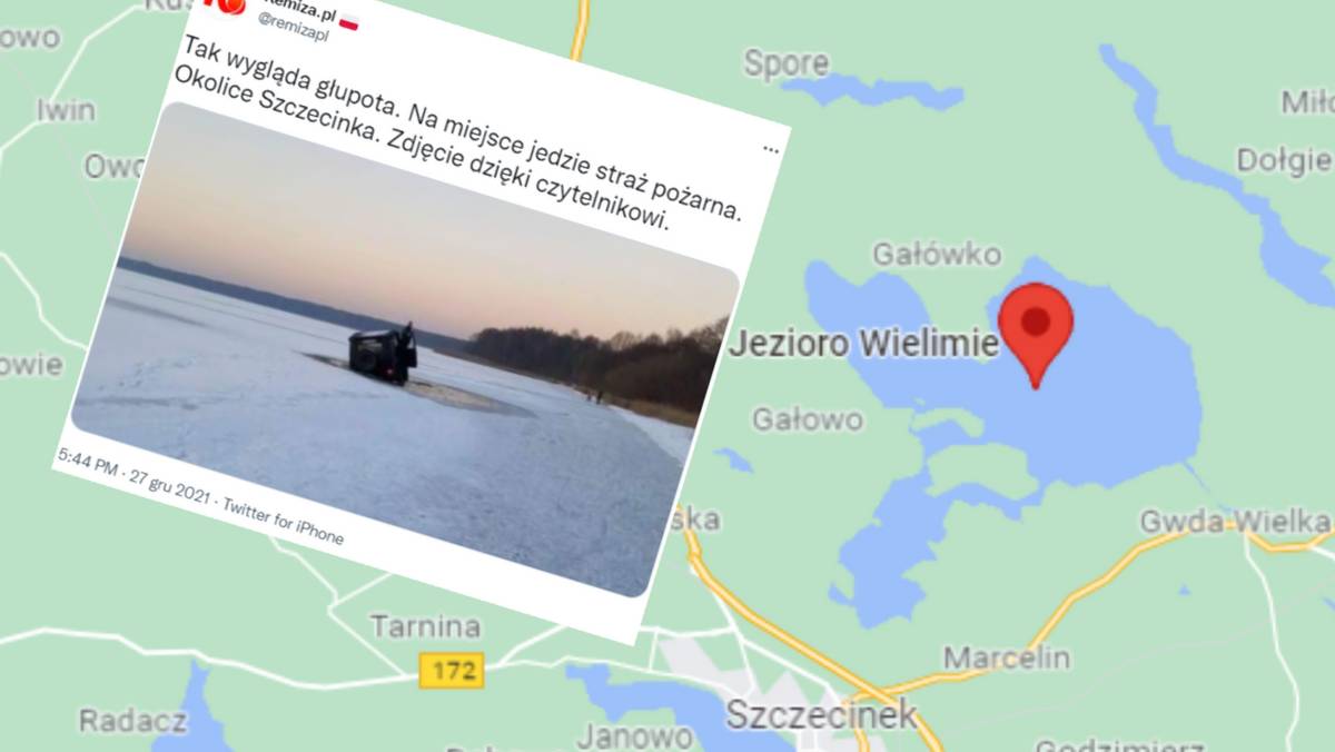 Dwie osoby wjechały samochodem na zamarznięte jezioro Wielimie koło Szczecinka (twitter.com/remizapl)