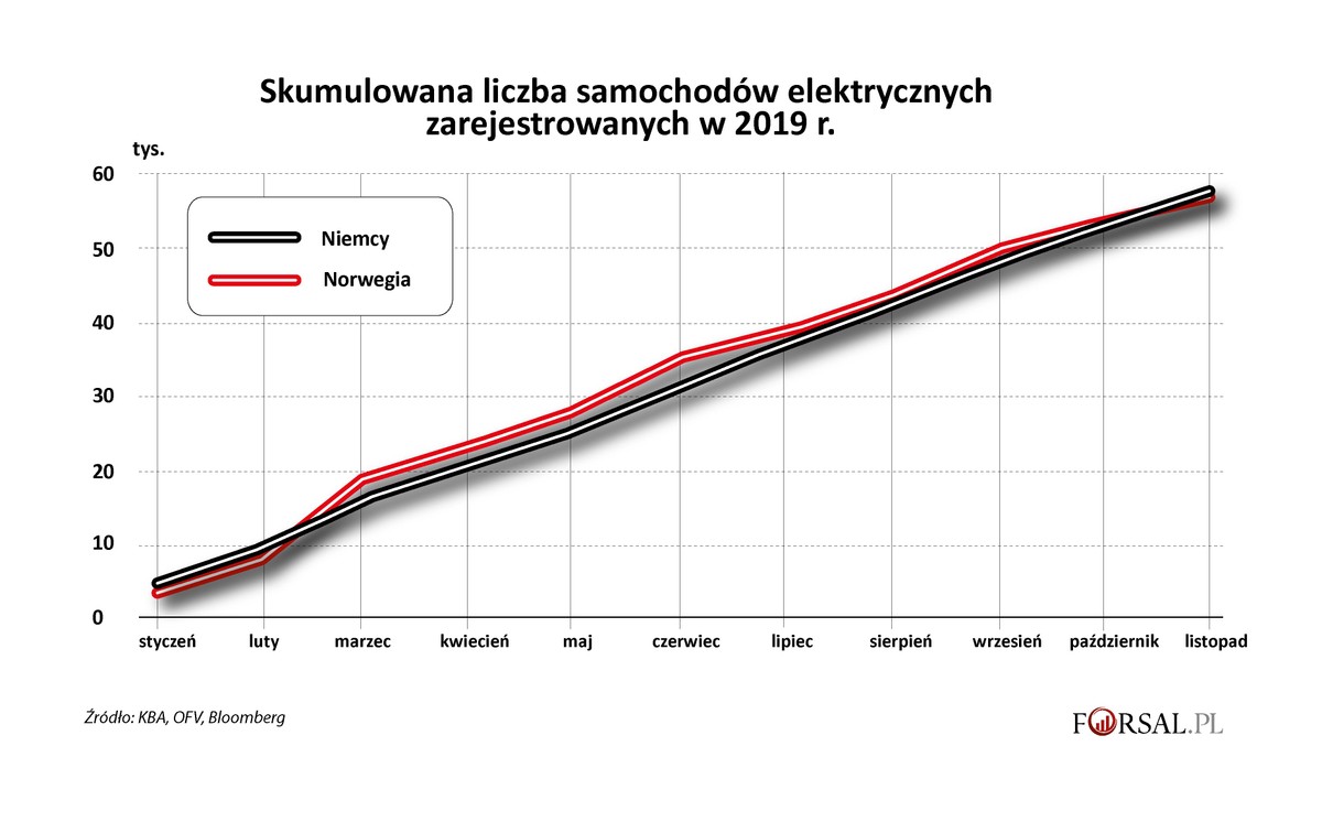 Skumulowana liczba aut elektryczych zarejestrowanych w 2019 r.