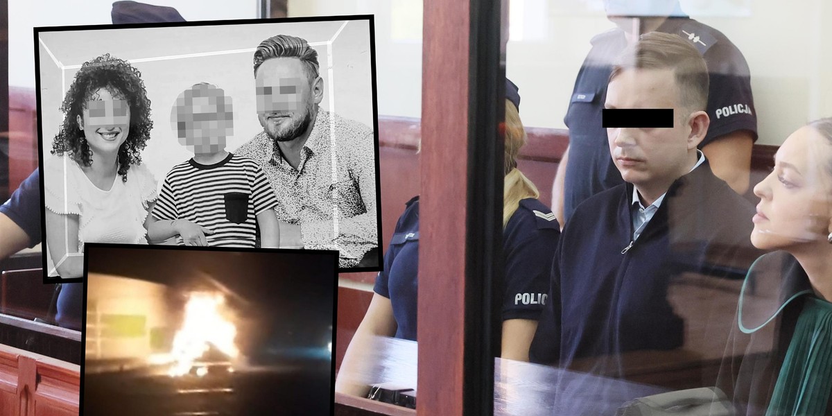  ofiary tragedii oraz moment, w którym auto stanęło w płomieniach.