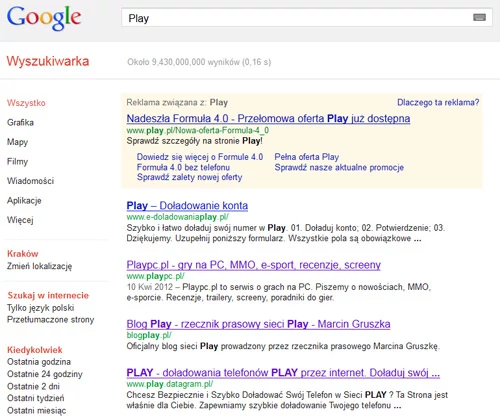 Play jest widoczny w Google tylko dlatego, że szybko wykupił reklamę AdWords. Co ciekawe, po masakrze ostał się blog Play