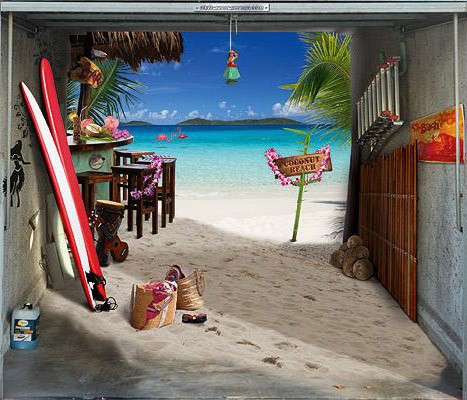 Dzięki gustownej fototapecie nudne drzwi do garażu zyskują zupełnie nowy charakter