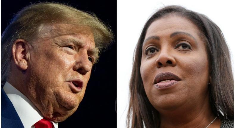 Donald Trump speaking at the NRA convention in Houston, TX, on May 27, 2022. New York Attorney General Letitia James, right, speaks in Washington, DC on Nov. 12, 2019.