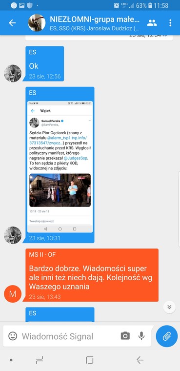 Screen z czatu "Niezłomni" na Signalu