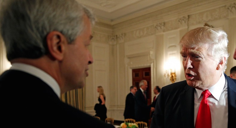 US President Donald Trump shakes hands with JPMorgan Chase & Co CEO Jamie Dimon