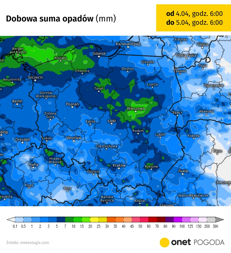 Miejscami w ciągu doby spadnie do 10 mm wody