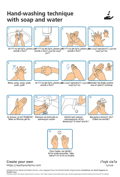 Instrukcja mycia rąk przez 20 sekund do &quot;Języka ciała&quot; Tymka