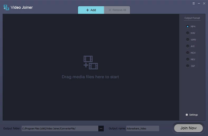 Główne okno programu do łączenia klipów wideo - Adoreshare Video Joiner