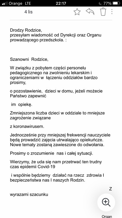 Dyrekcja prosi, żeby nie przyprowadzać dzieci do przedszkola